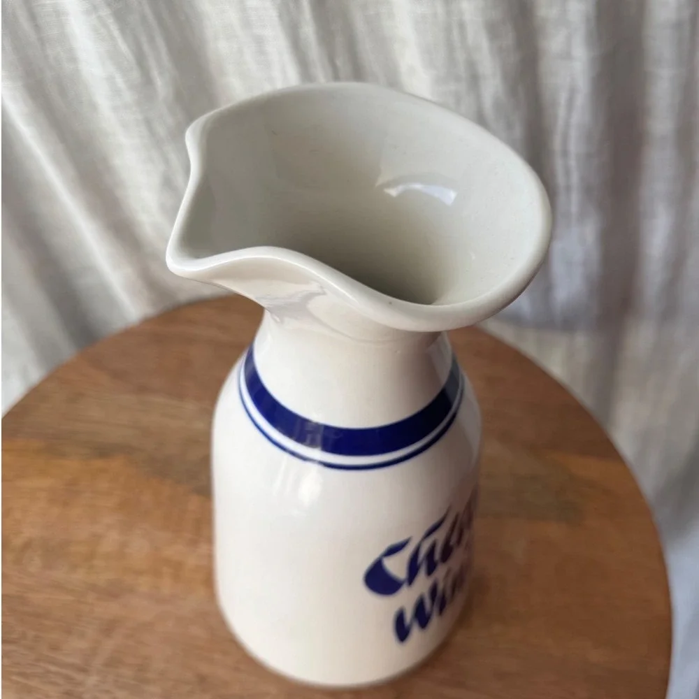Vintage 70s Decanter Cheap Wine Carafe 8in White Blue Ceramic Novelty Barware